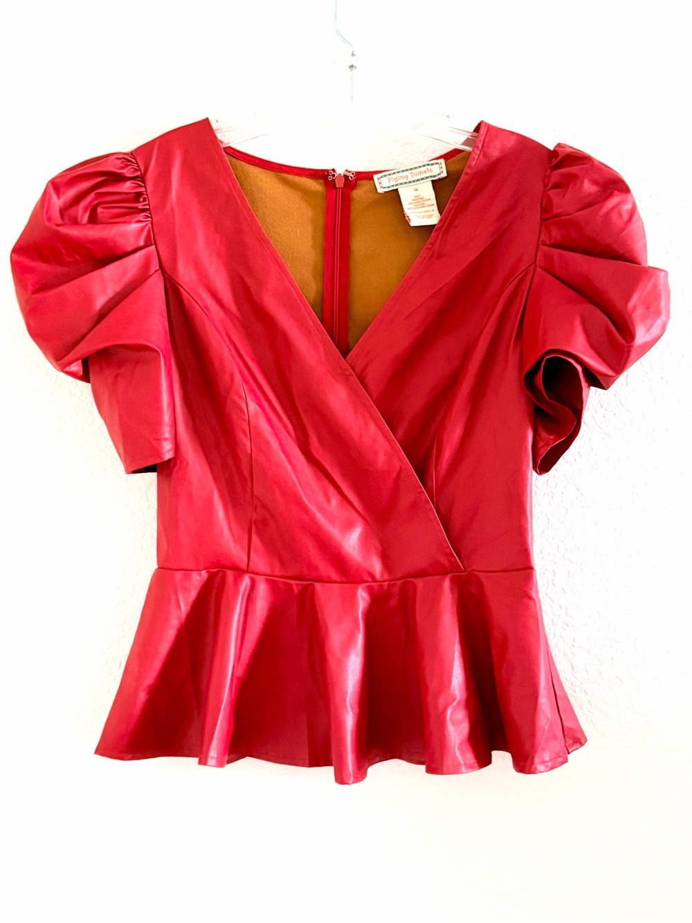 🔥Red Puff-Sleeve Faux Leather Peplum Top🔥